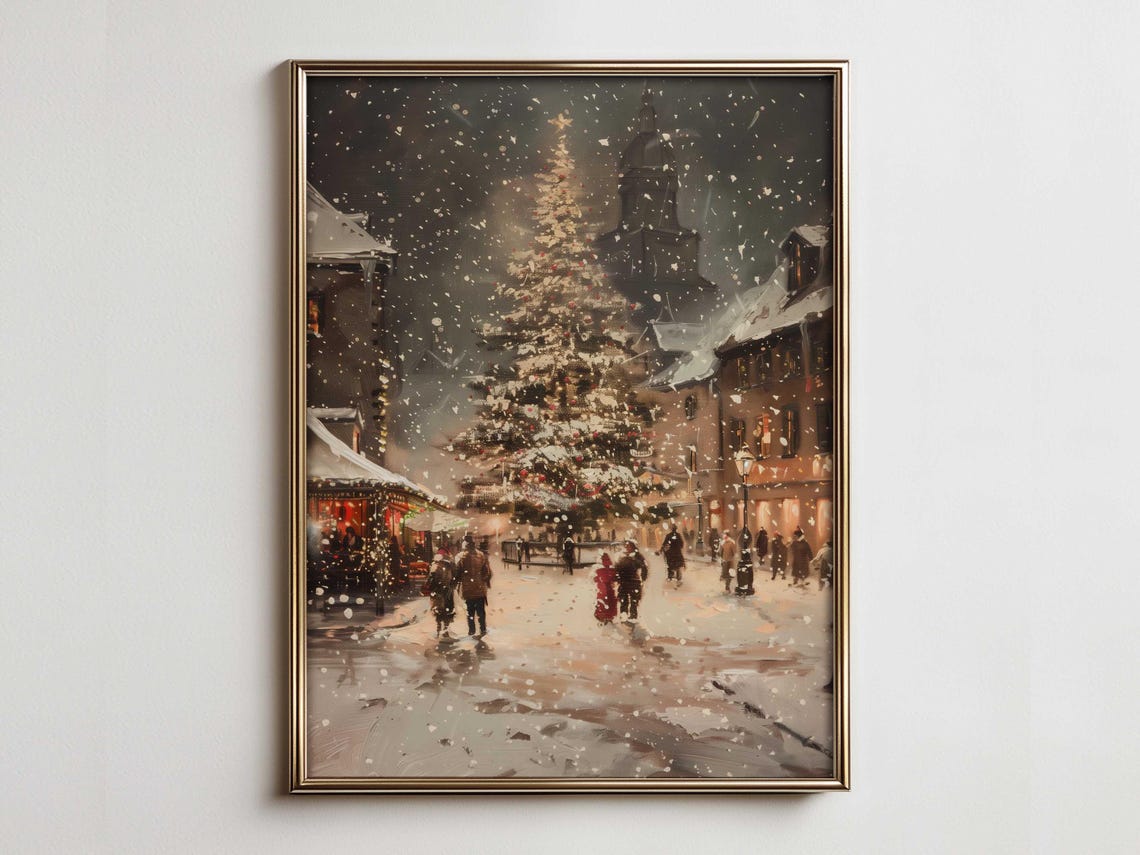 Snowy Christmas Village Square Tree Nightfall Vintage Art Poster