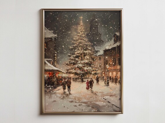 Snowy Christmas Village Square Tree Nightfall Vintage Art Poster