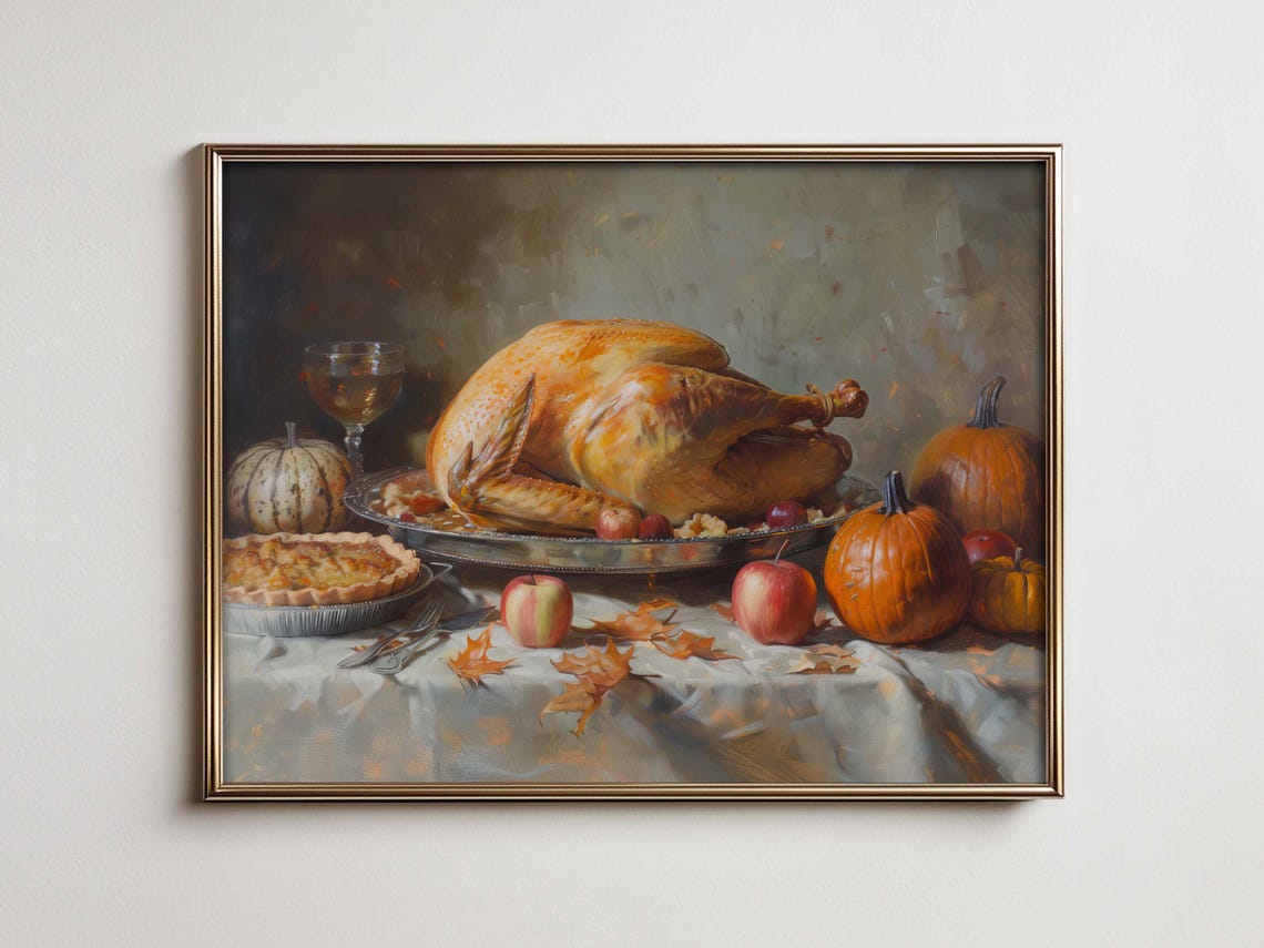 Thanksgiving Turkey Pumpkin Pie Silver Platter Fall Feast Poster