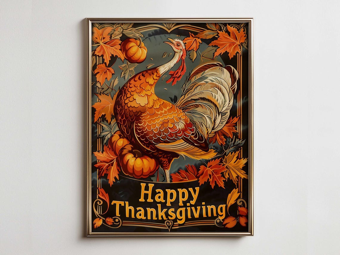 Dark Happy Thanksgiving Turkey with Pumpkins Maple Leaves Poster