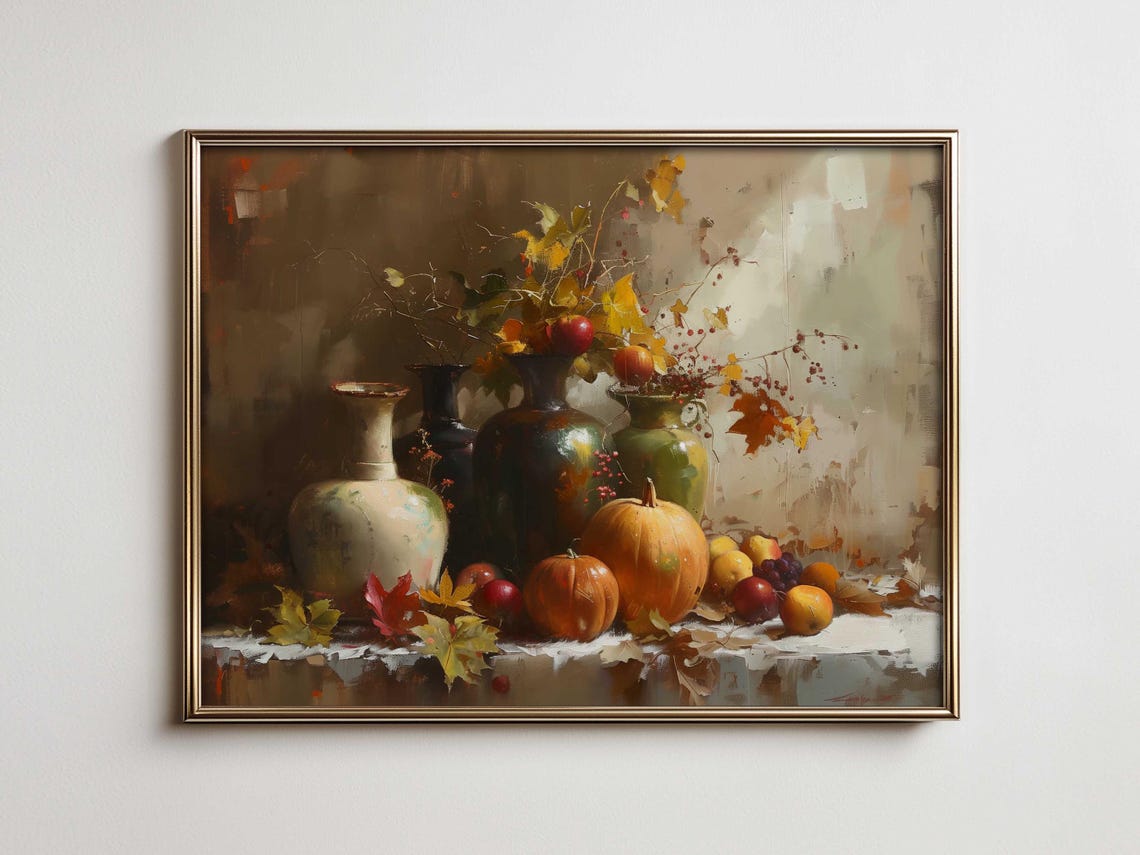 Vintage Autumn Still Life Vases Pumpkins Apples Oil Art Poster