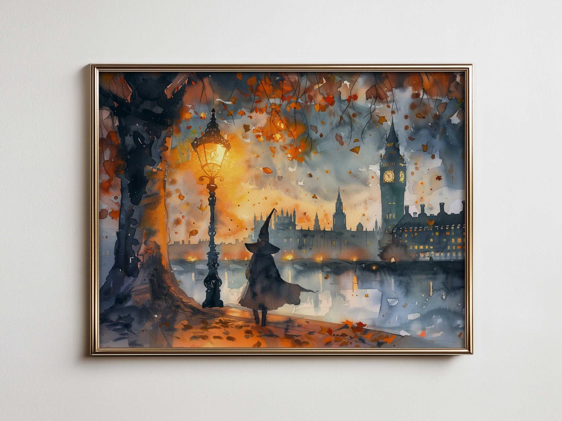 Halloween Witch at Big Ben London Night Watercolor Art Poster