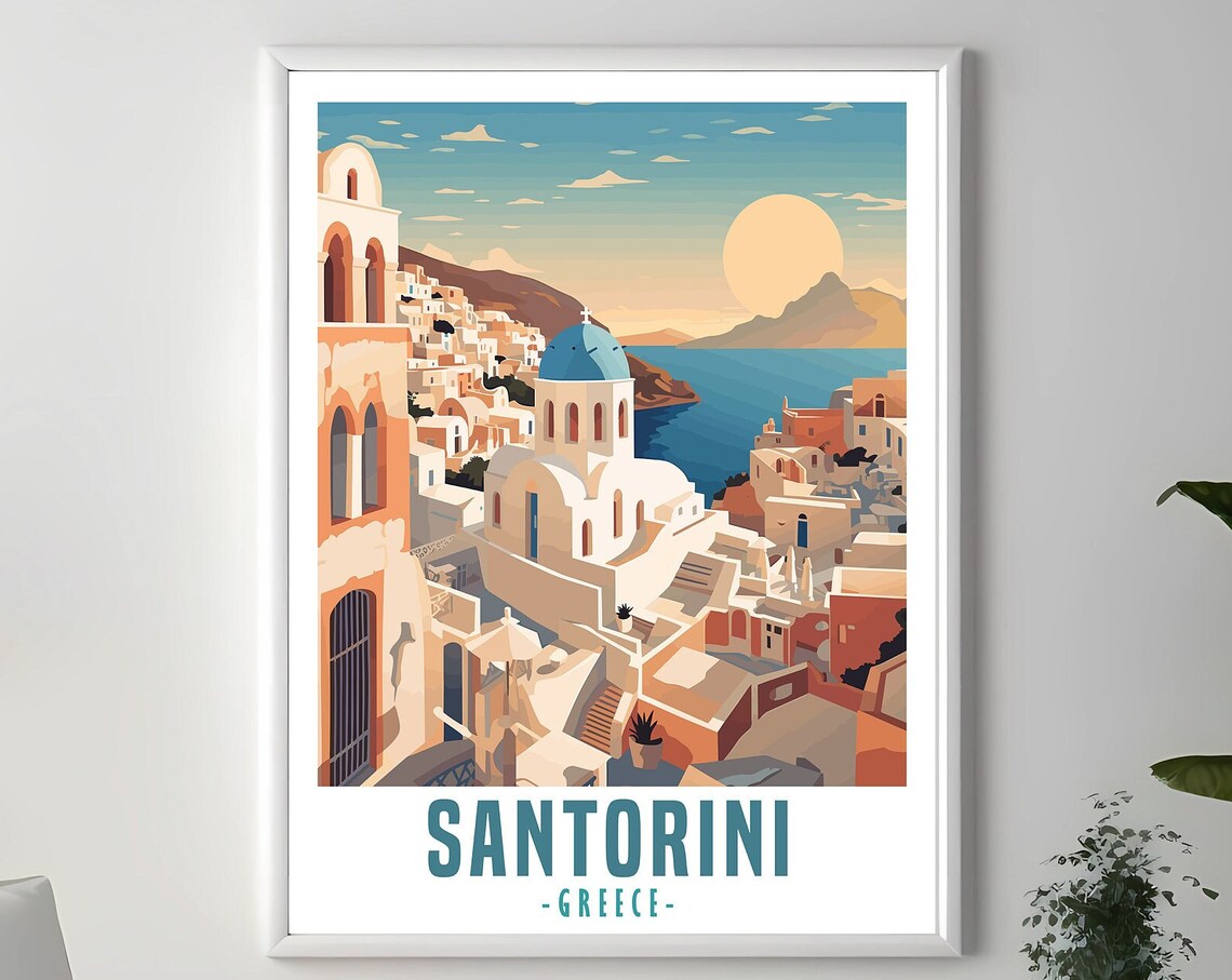 Santorini Greece Aegean Blue Dome Church Sunset Travel Poster