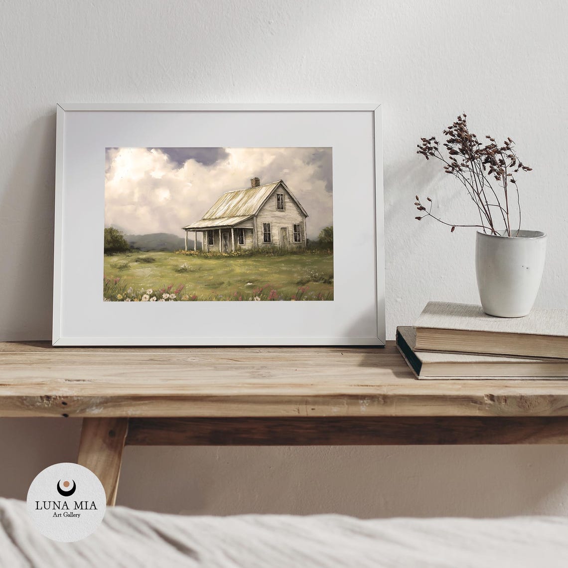Rustic White Farmhouse In A Wildflower Meadow Under Cloudy Sky Poster - Image 3