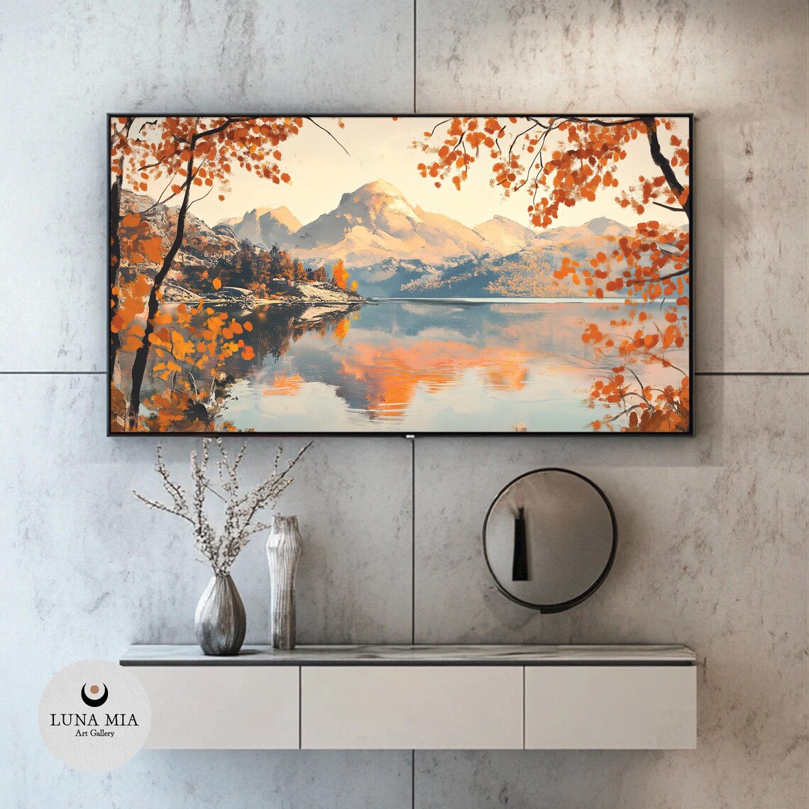 Autumn Mountain Lake With Fiery Orange Foliage Reflection Landscape Poster - Image 2