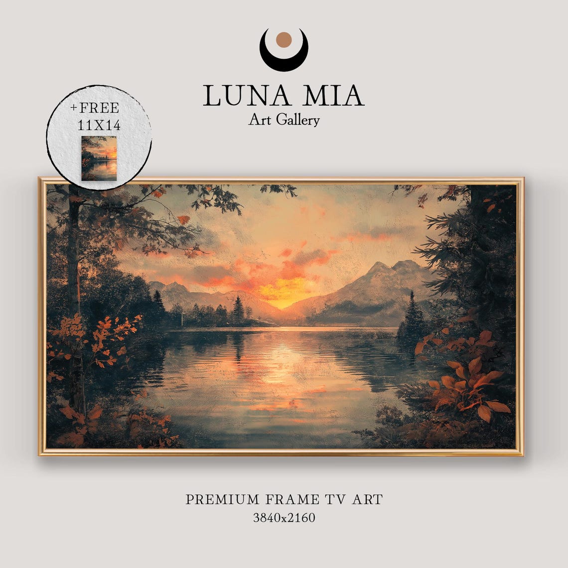 Mountain Lake At Sunset With Fiery Orange Glow On Calm Water Poster