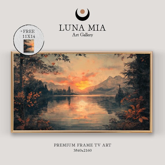 Mountain Lake At Sunset With Fiery Orange Glow On Calm Water Poster