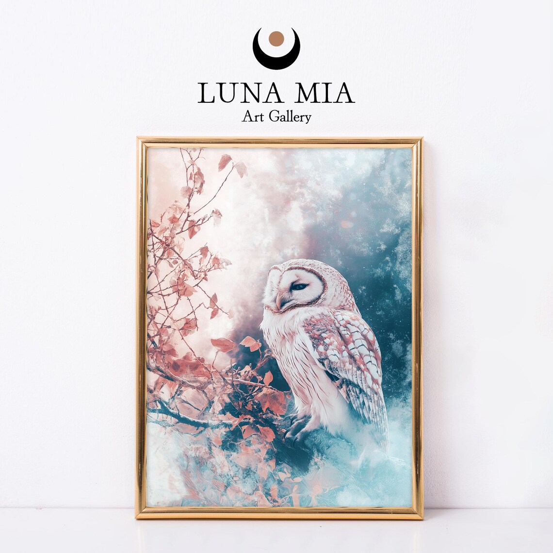 White Owl Among Red Autumn Leaves In Soft Pastel Winter Tones Poster