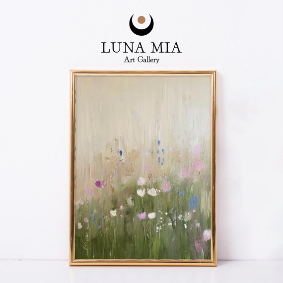 Soft Wildflower Meadow Muted Pastel Sage Green Oil Art Wall Print