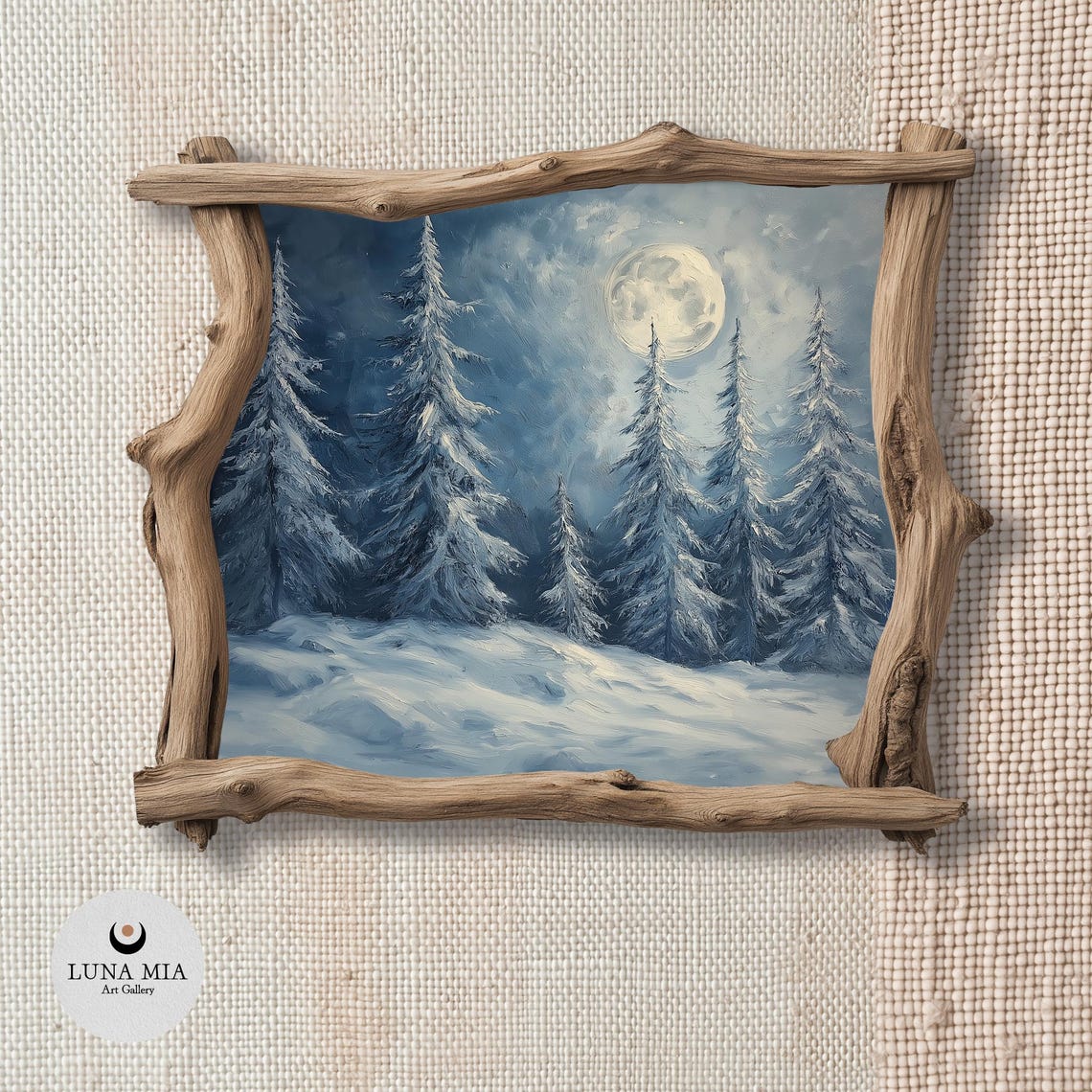 Full Moon Over Snowy Pine Forest Blue Night Winter Landscape Poster - Image 2