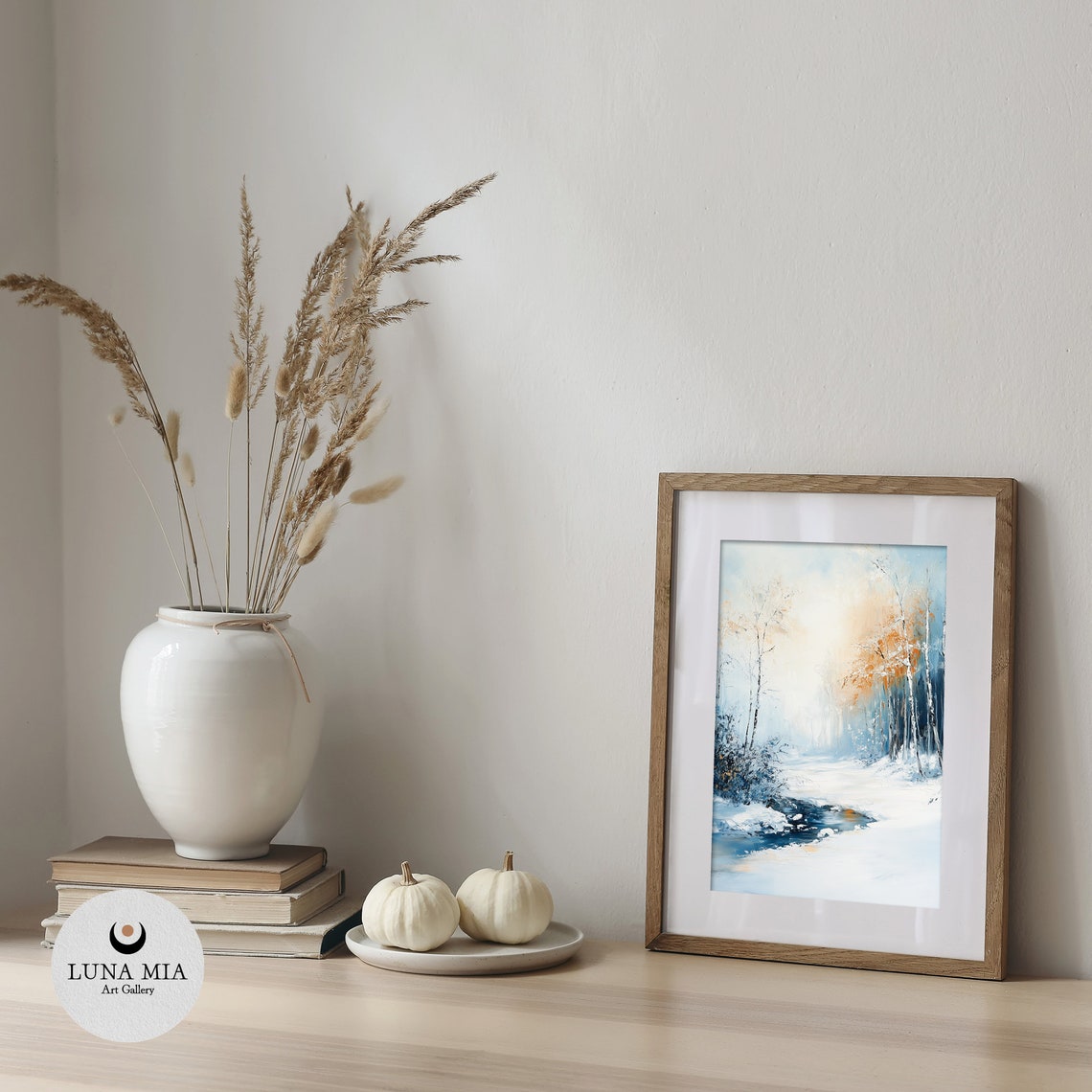 Serene Snowy Winter Forest Stream in Blue and White Art Poster - Image 4