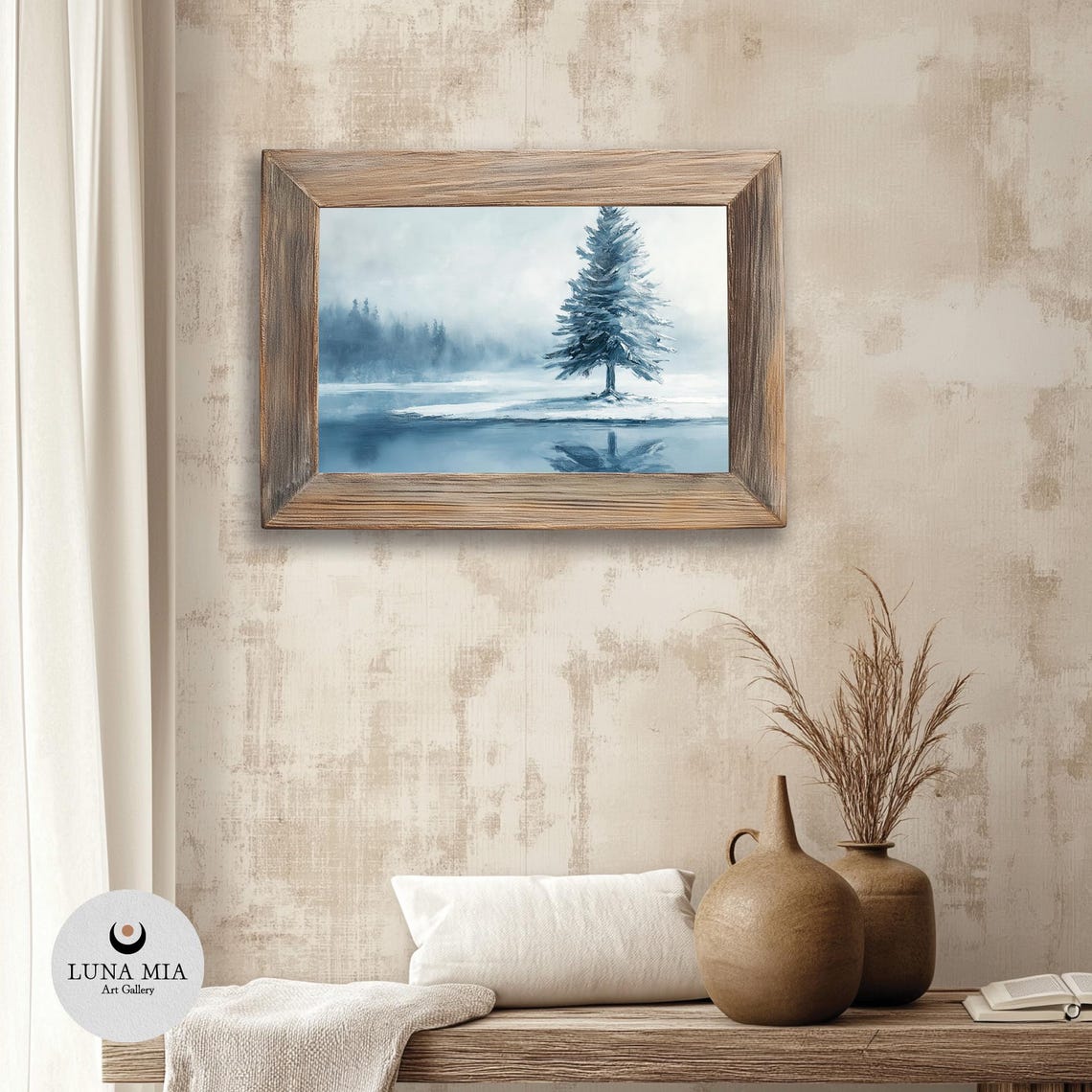 Lone Snowy Pine Tree by Frozen Lake Mirror Reflection Art Poster - Image 3