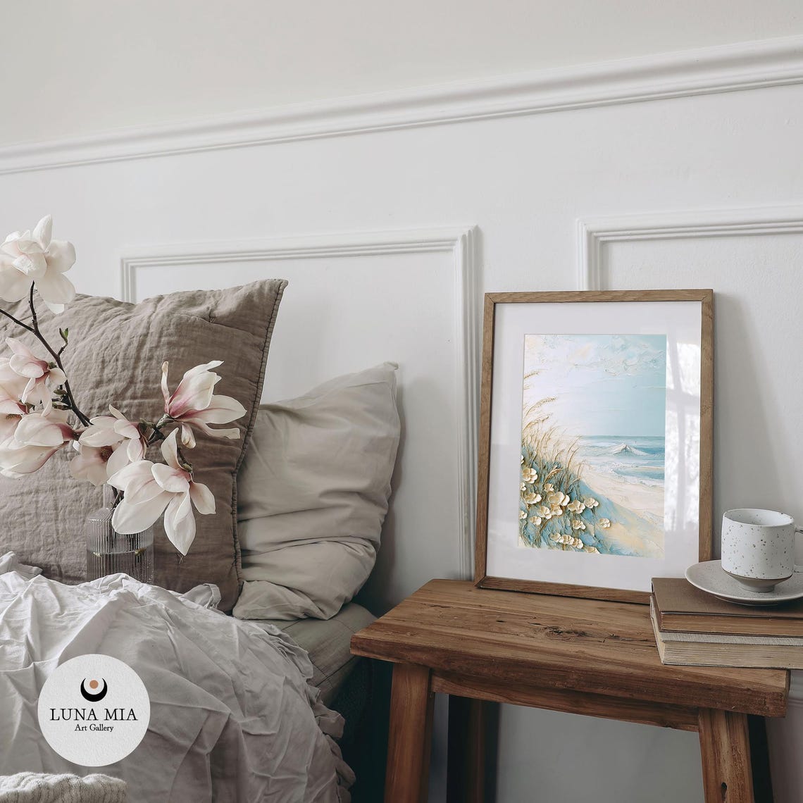 Textured Coastal Beach Scene With White Blossoms And Dune Grass Poster - Image 2