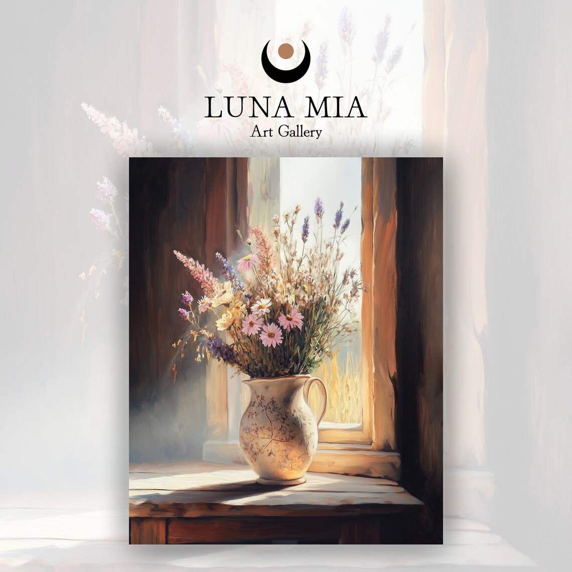 Delicate Wildflowers in Ceramic Pitcher on Sunlit Sill Poster - Image 2