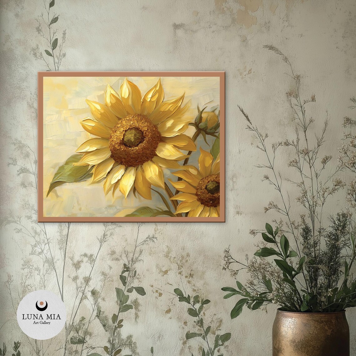 Golden Sunflower Close Up In Textured Impasto Oil Painting Poster - Image 2