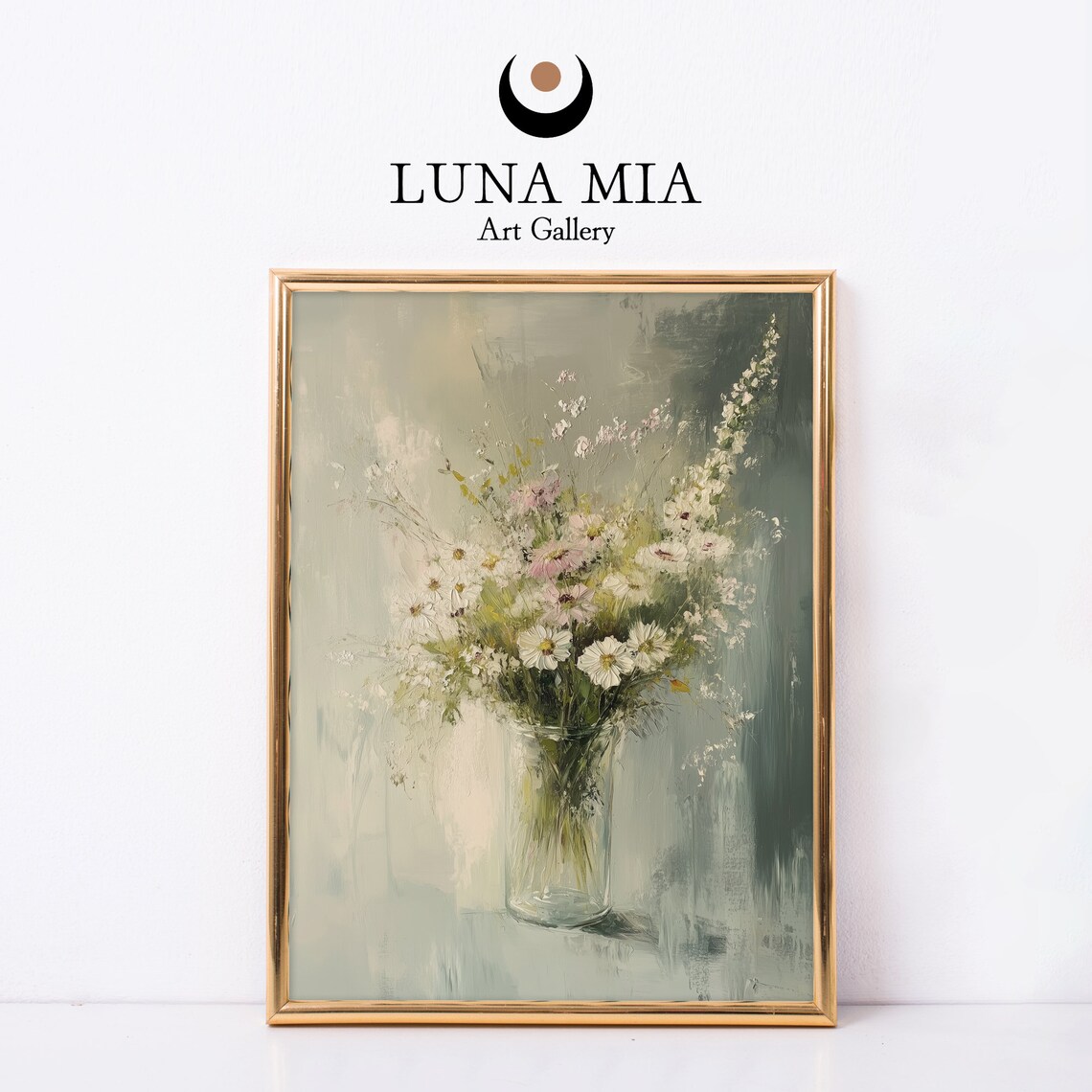 Soft Loose Wildflowers in Clear Glass Vase Muted Sage Art Poster