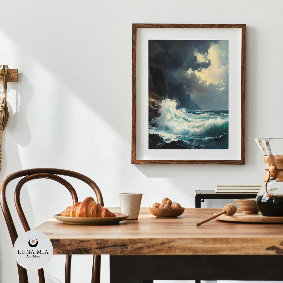 Stormy Sea Waves Crashing On Rocky Cliffs Dramatic Oil Painting Poster - Image 4
