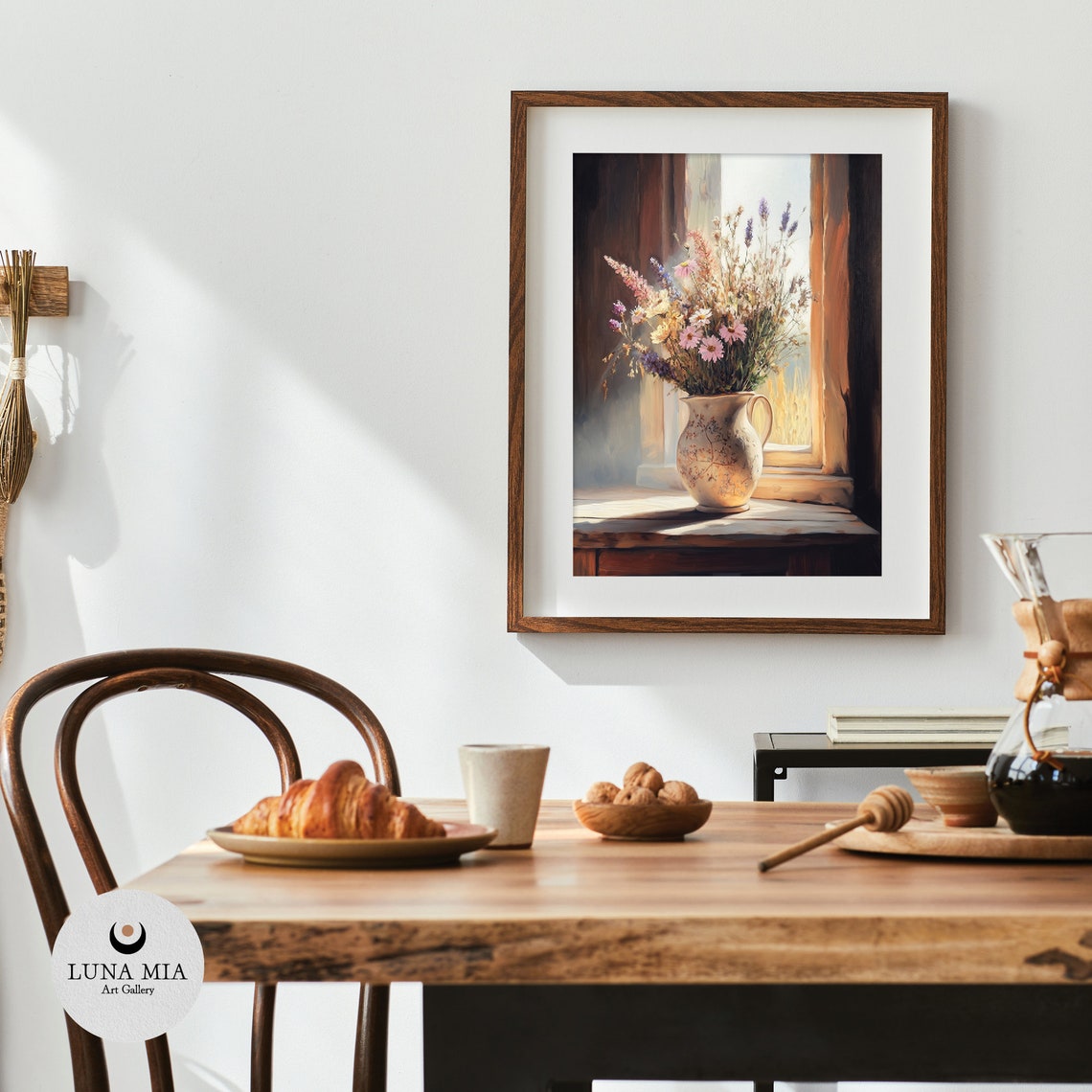 Delicate Wildflowers in Ceramic Pitcher on Sunlit Sill Poster - Image 4