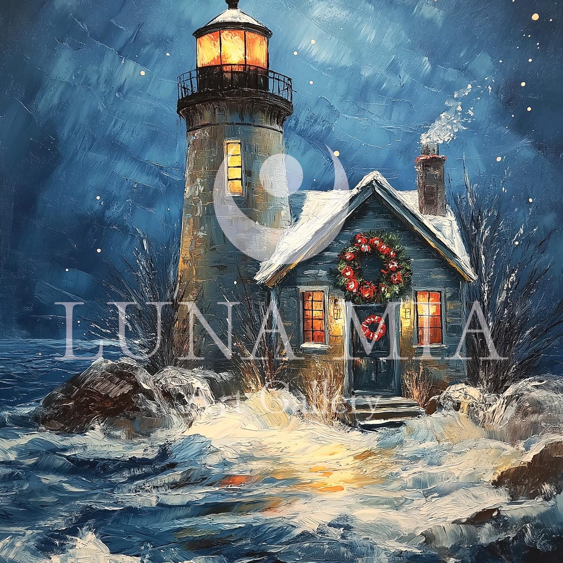 Lighthouse Christmas Night Snowy Sea Waves Oil Painting Poster - Image 5