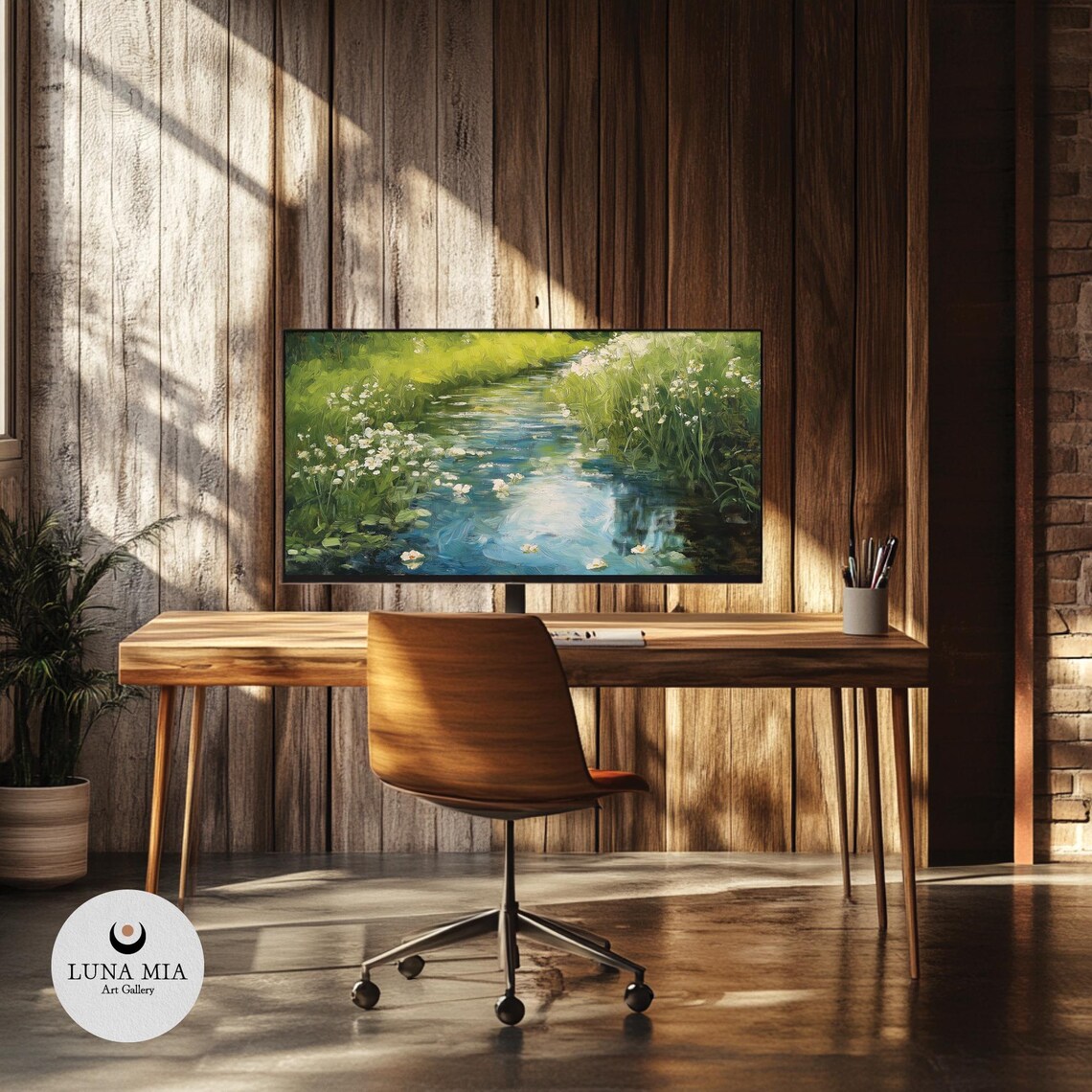 Serene River Through Wildflowers Impressionist Nature Art Poster - Image 3