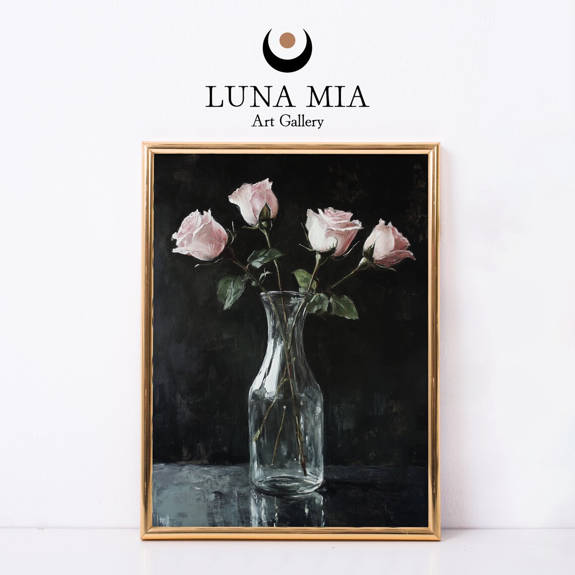 Blush Pink Roses Glass Vase Moody Dark Floral Still Life Poster