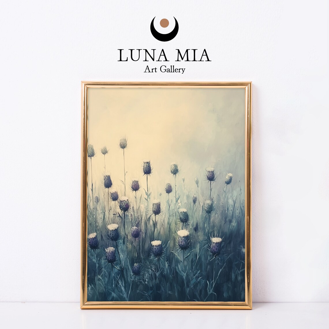 Dreamy Blue Thistles Misty Field Soft Muted Floral Oil Art Print