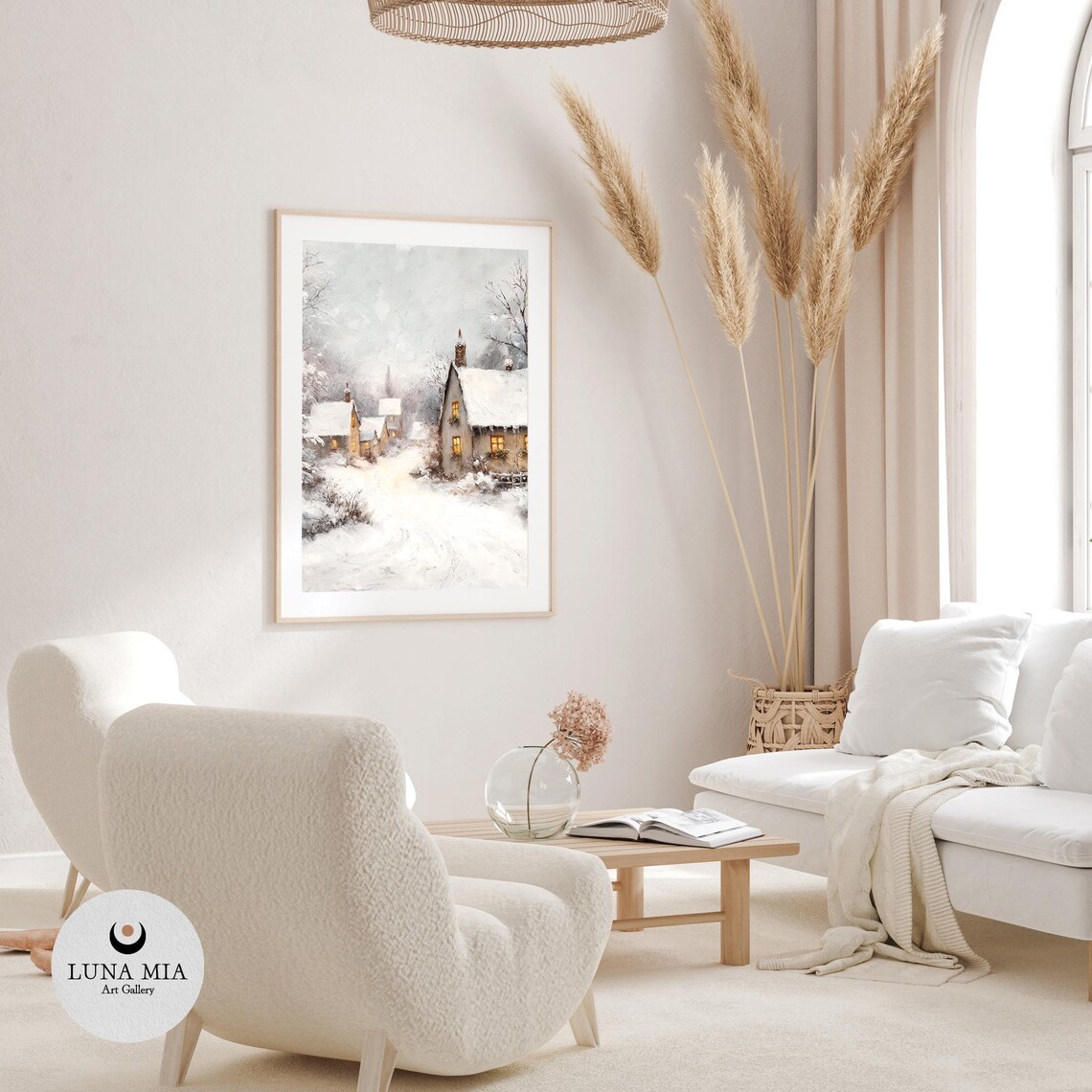 Snowy Village Cottages With Warm Glowing Windows Soft Winter Scene Poster - Image 3
