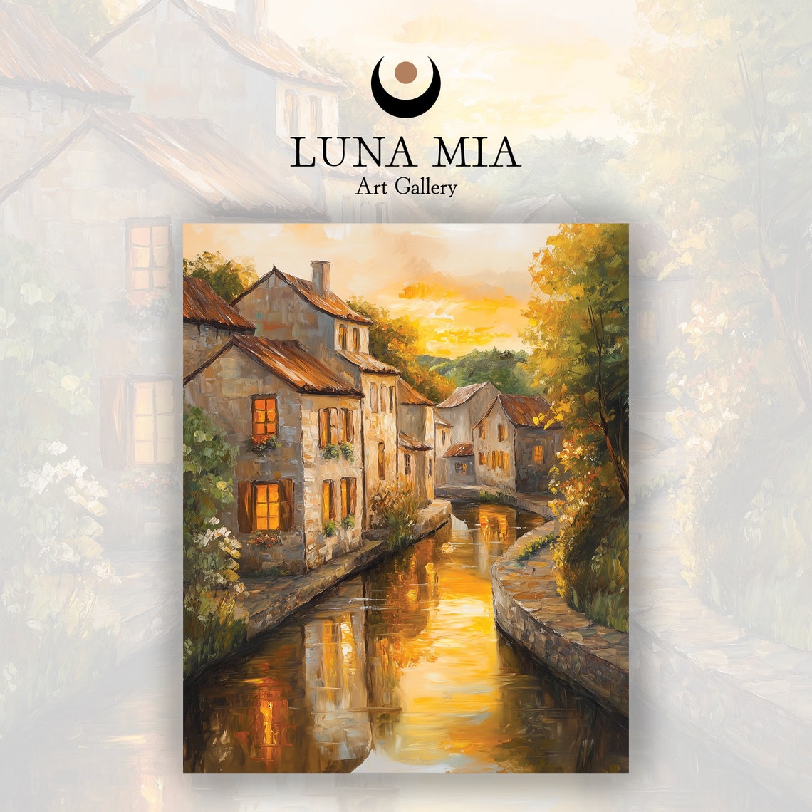 Glowing Golden Sunset Over Village Canal Reflections Art Poster - Image 2