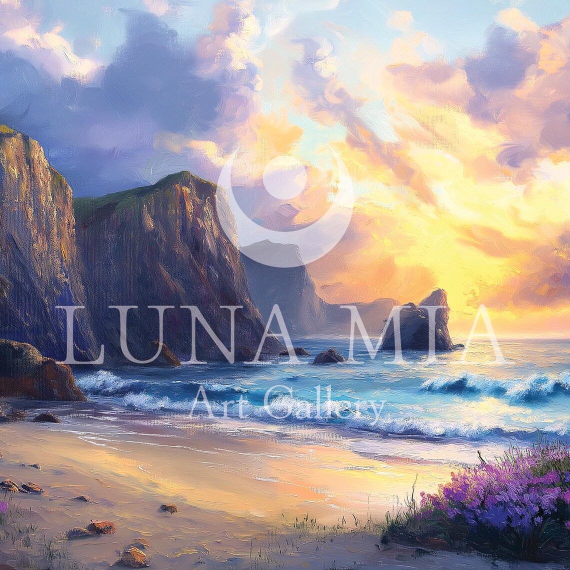 Sunset Beach Cliffs With Wildflowers Golden Waves Dramatic Coast Poster - Image 5