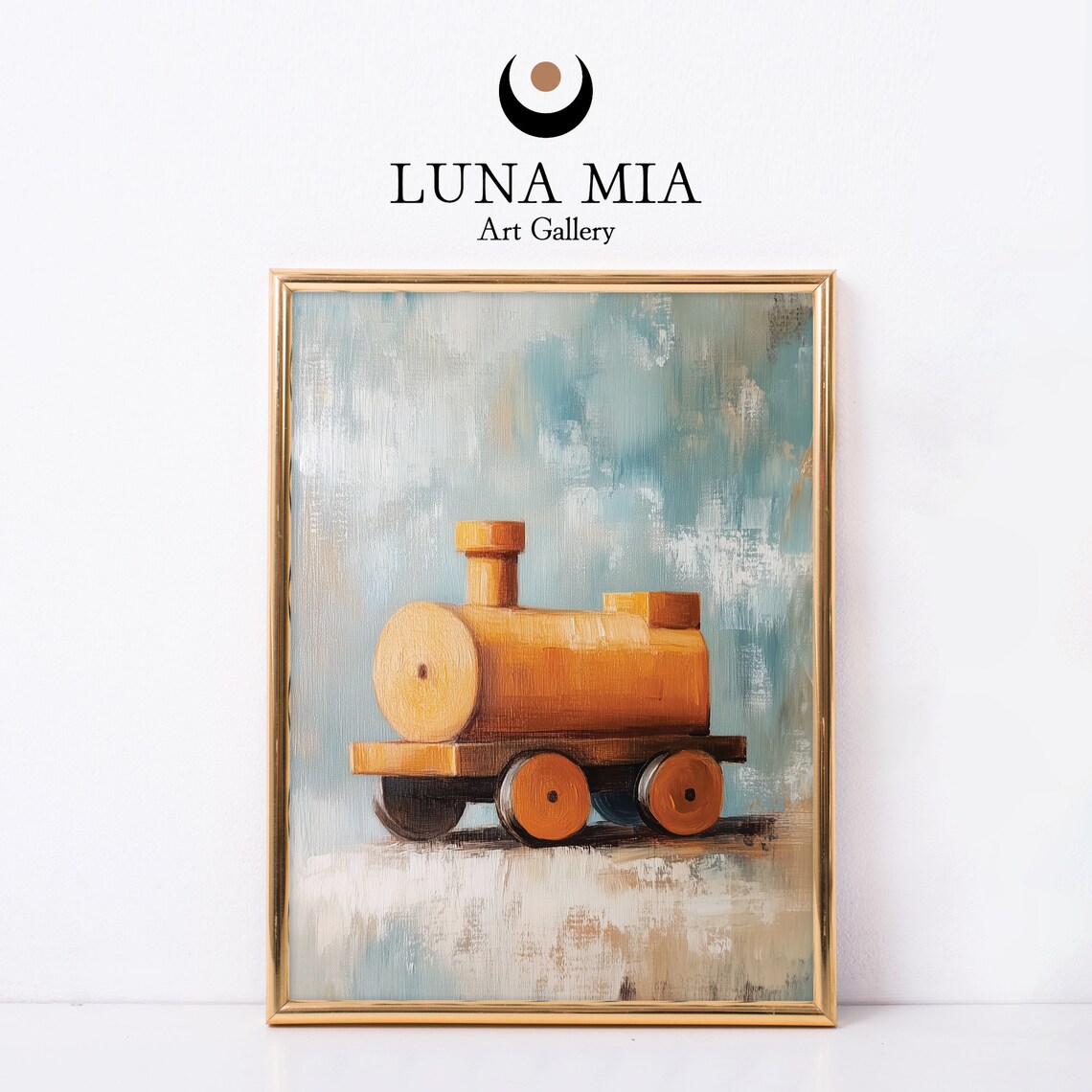 Vintage Wooden Toy Train Blue Nursery Oil Painting Art Poster