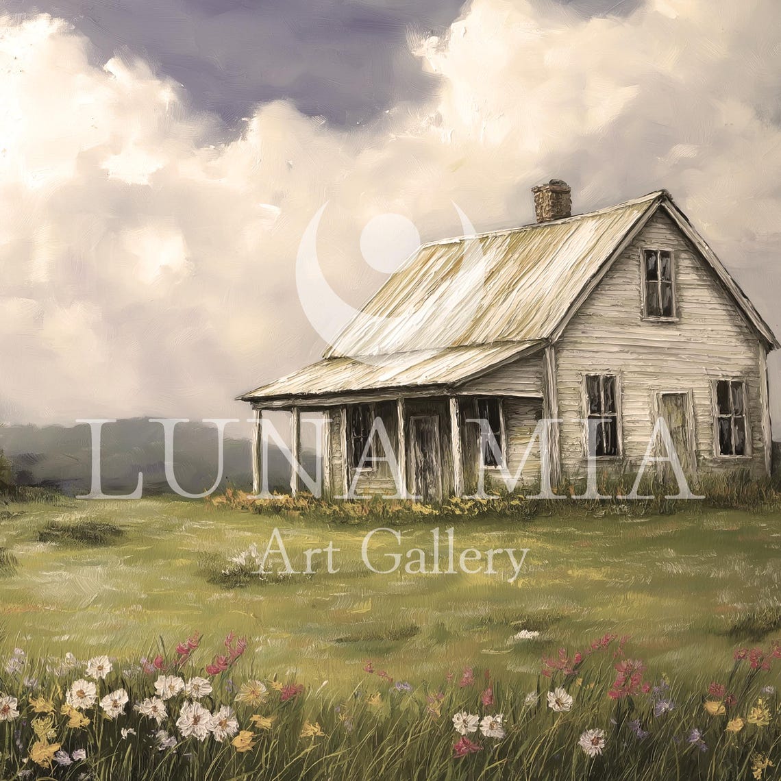 Rustic White Farmhouse In A Wildflower Meadow Under Cloudy Sky Poster - Image 5