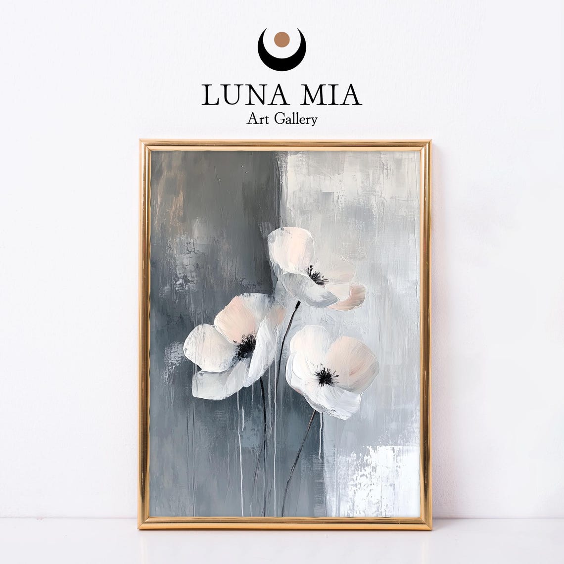 White Poppies Gray Abstract Floral Minimalist Painting Poster