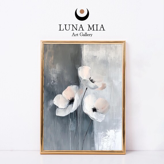 White Poppies Gray Abstract Floral Minimalist Painting Poster