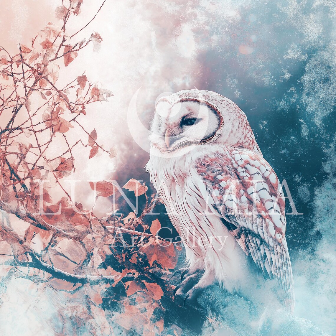 White Owl Among Red Autumn Leaves In Soft Pastel Winter Tones Poster - Image 5