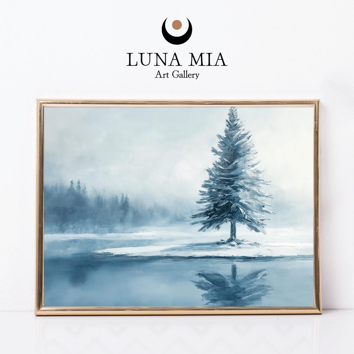 Lone Snowy Pine Tree by Frozen Lake Mirror Reflection Art Poster