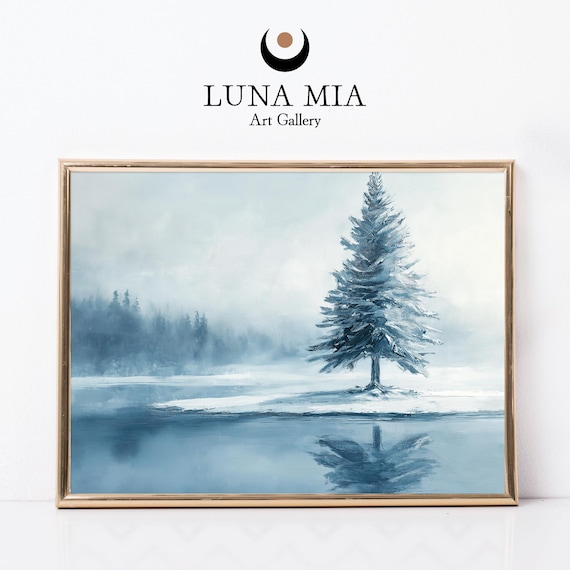 Lone Snowy Pine Tree by Frozen Lake Mirror Reflection Art Poster