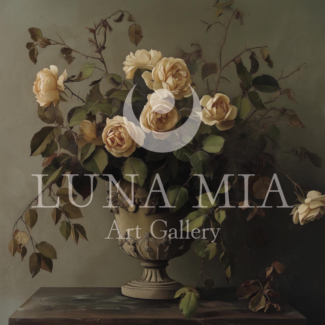 Cream Roses In A Classical Stone Urn On Dark Moody Still Life Poster - Image 5