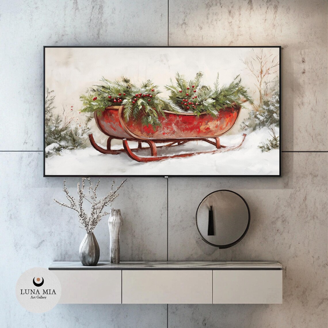 Red Sleigh Filled With Evergreens And Berries In Snow Christmas Poster - Image 2