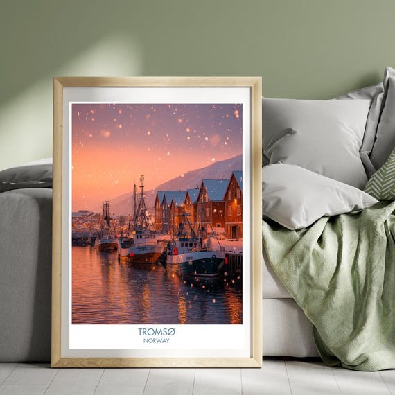 Troms Poster Norway Tromso Print Scandinavia Wall Art Christmas Snow Illustration