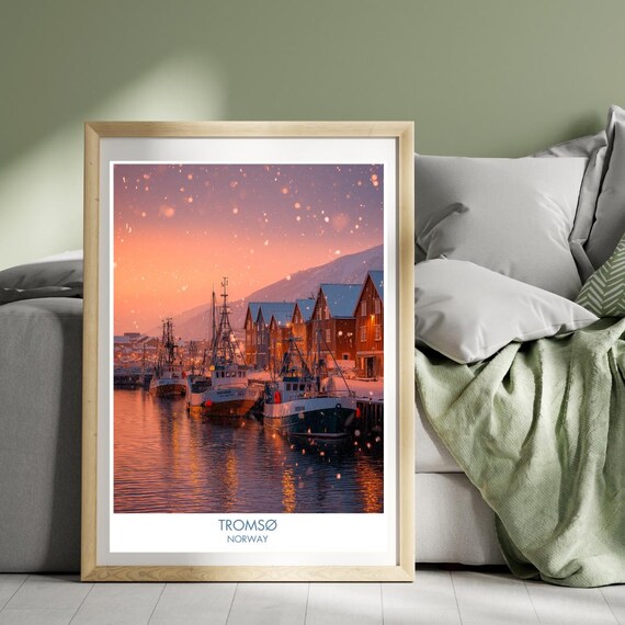 Tromso Norway Fishing Boats Snowy Harbor Sunset Travel Poster