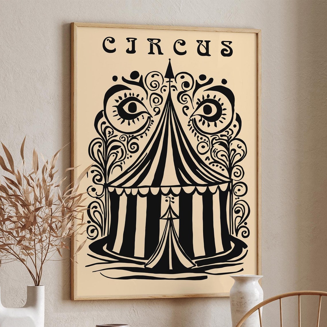 Circus Big Top Tent Mystical Eyes Black Beige Whimsical Decor Poster