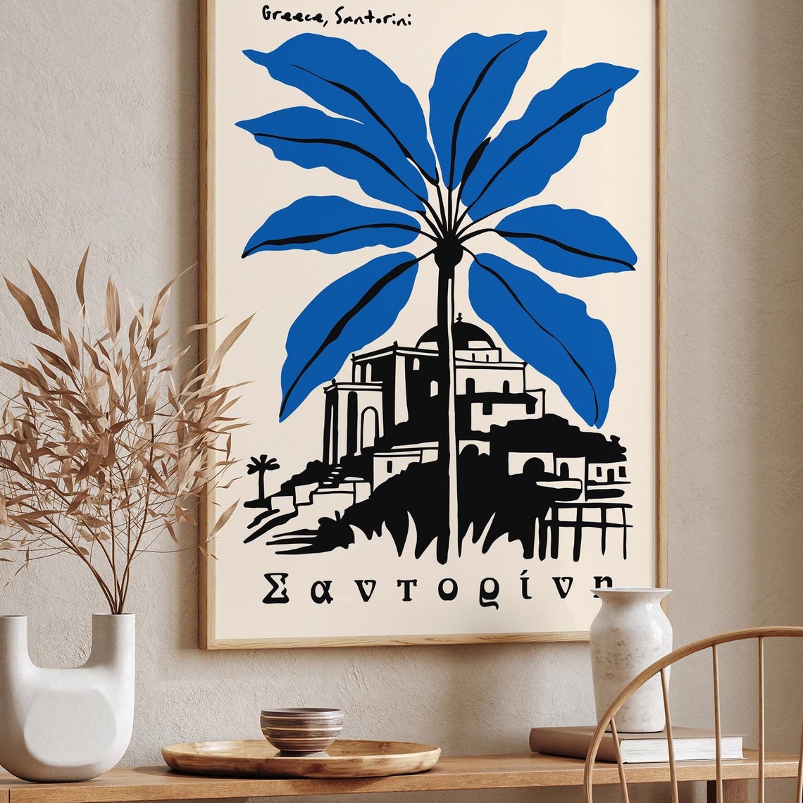 Santorini Greece Blue Palm Tree Village Architecture Art Poster - Image 6