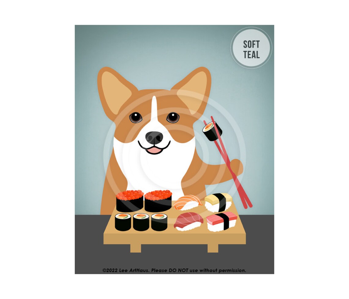 Corgi Eating Sushi Platter With Chopsticks Funny Dog Art Poster - Image 4