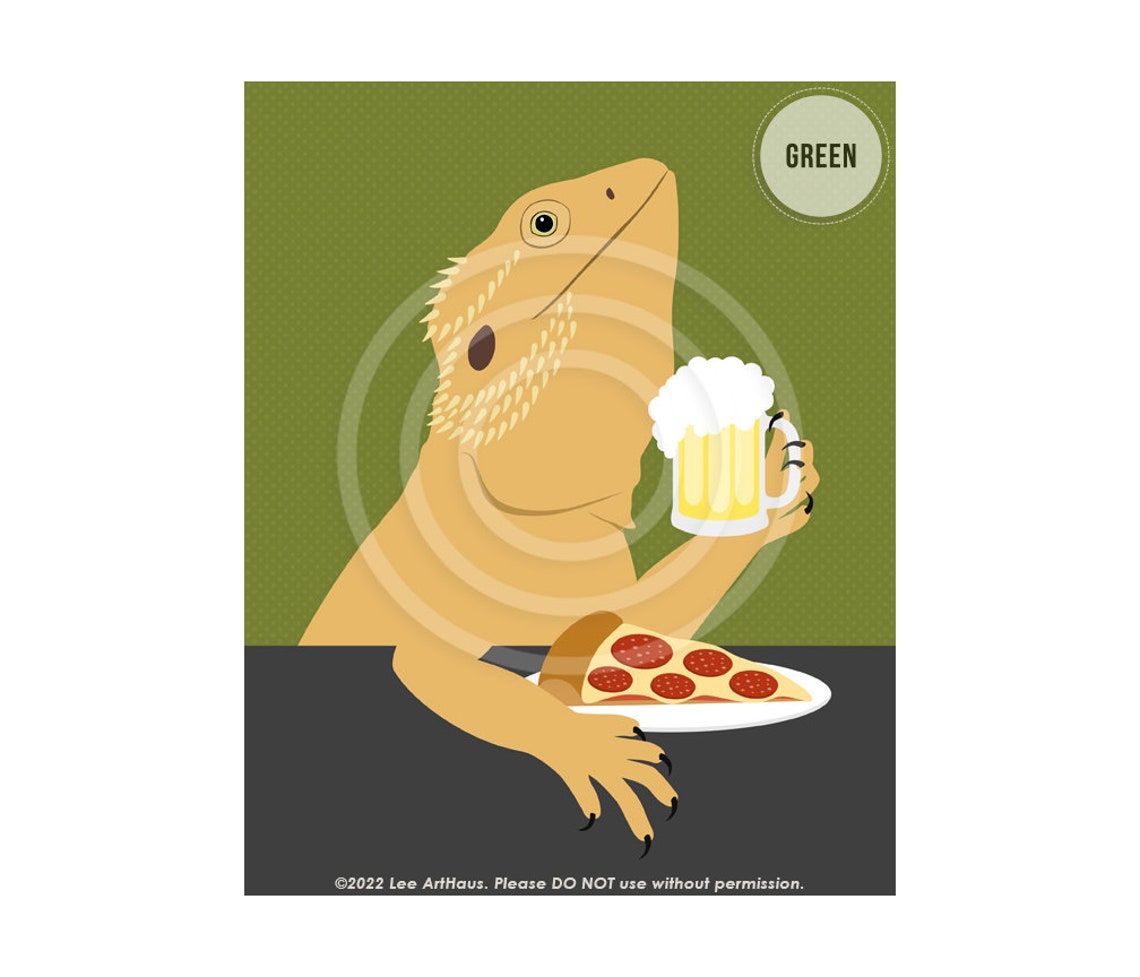 Bearded Dragon Drinking Beer and Eating Pizza Funny Art Poster - Image 3