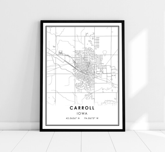 Carroll Iowa Minimalist City Map Line Art Black White Travel Poster