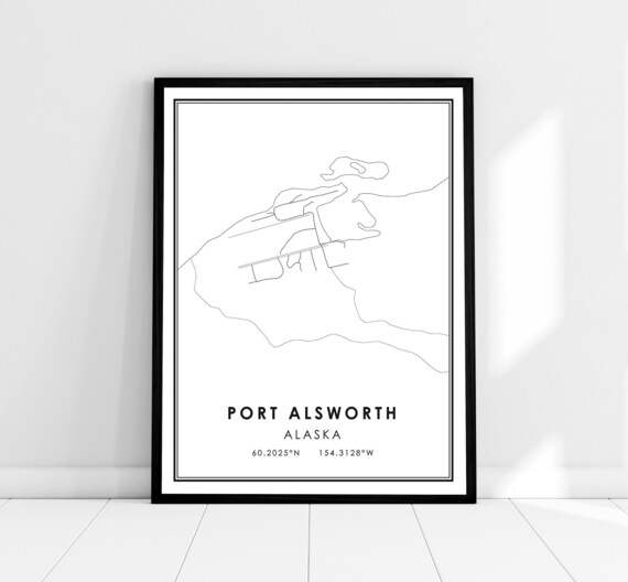 Port Alsworth Alaska Minimalist Black and White Line Map Poster