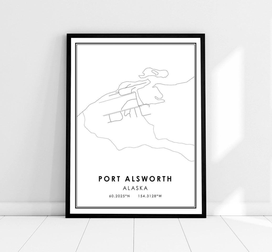 Port Alsworth Alaska Minimalist Black and White Line Map Poster