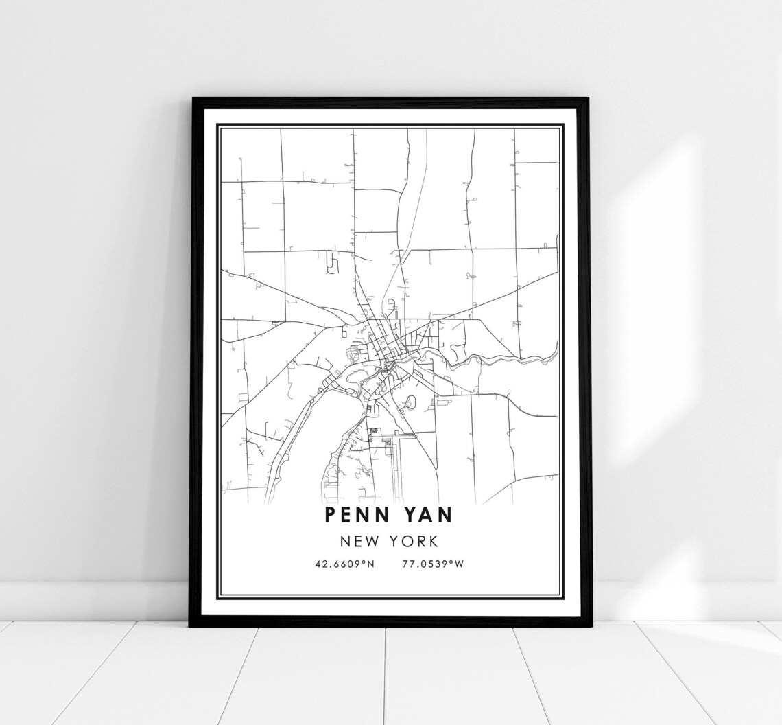Penn Yan New York Minimalist Black and White Street Map Wall Print