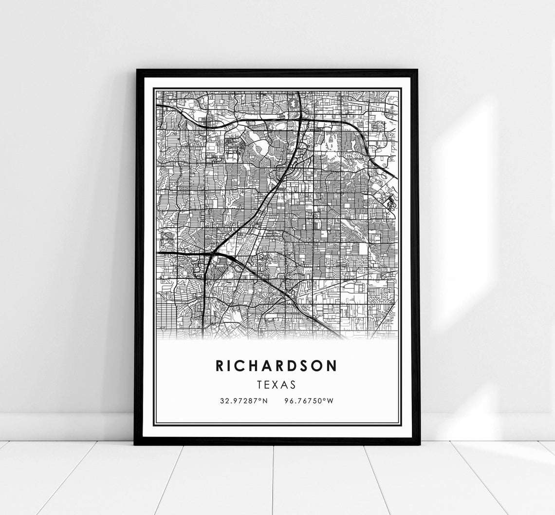 Richardson Texas City Street Map Black White Minimalist Decor Poster