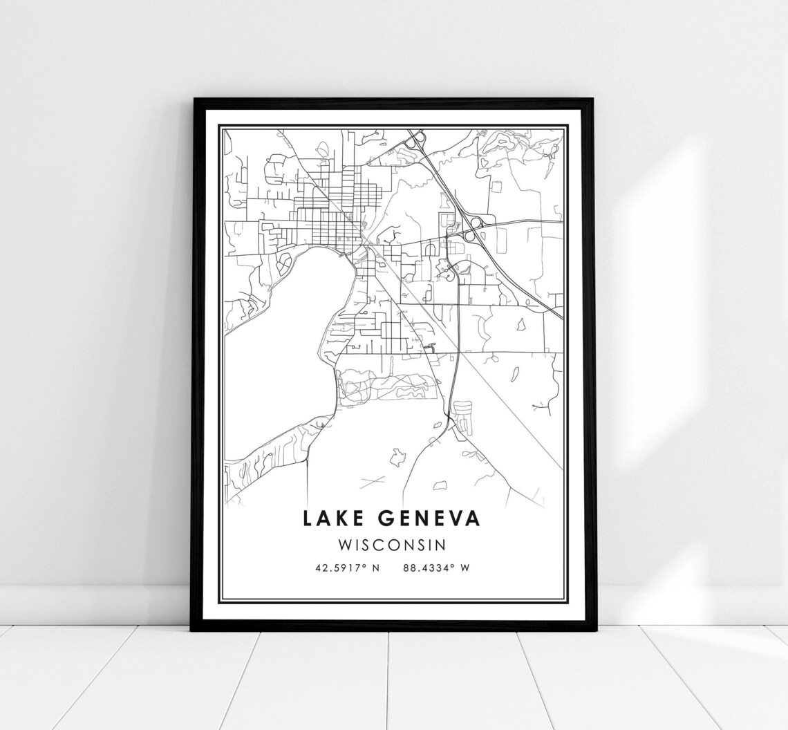 Lake Geneva Map Print, Wisconsin City Travel Poster
